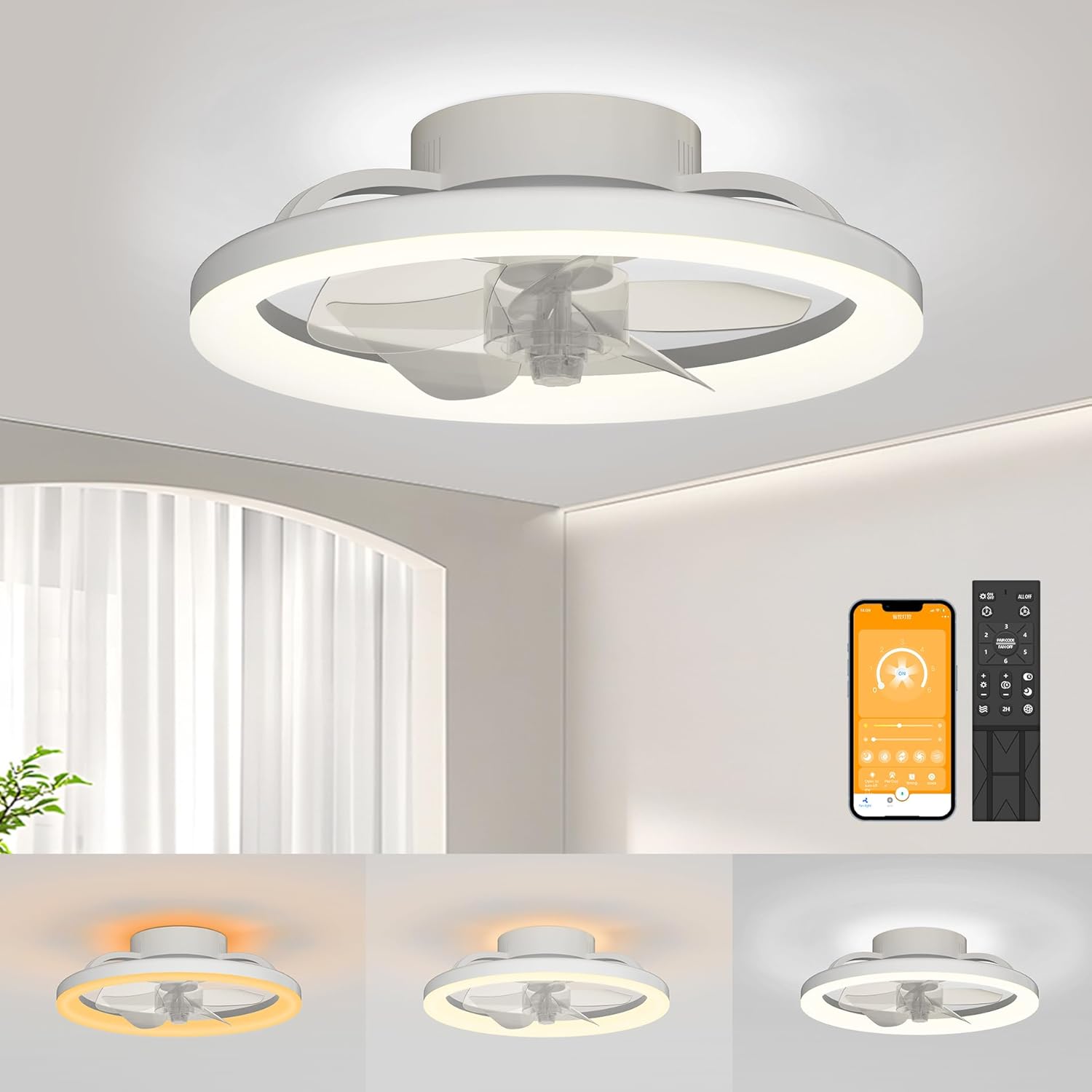 Ceiling Fans with Lights and Remote White 16 inch Bladeless Modern Ceiling Fan,...