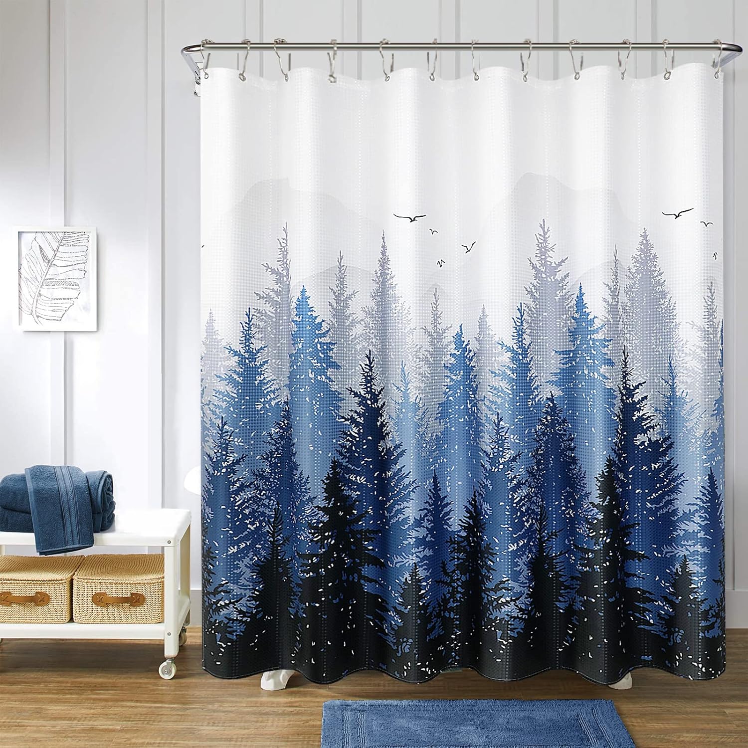 Hokibero Blue Misty Forest Mountain Nature Tree Fabric Shower Curtains for Bathr...