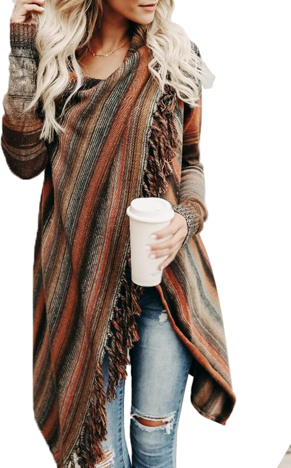 Women's Open Front Knitted Tassels Cardigan, Special Loose Cardigan Crew Neck, I...