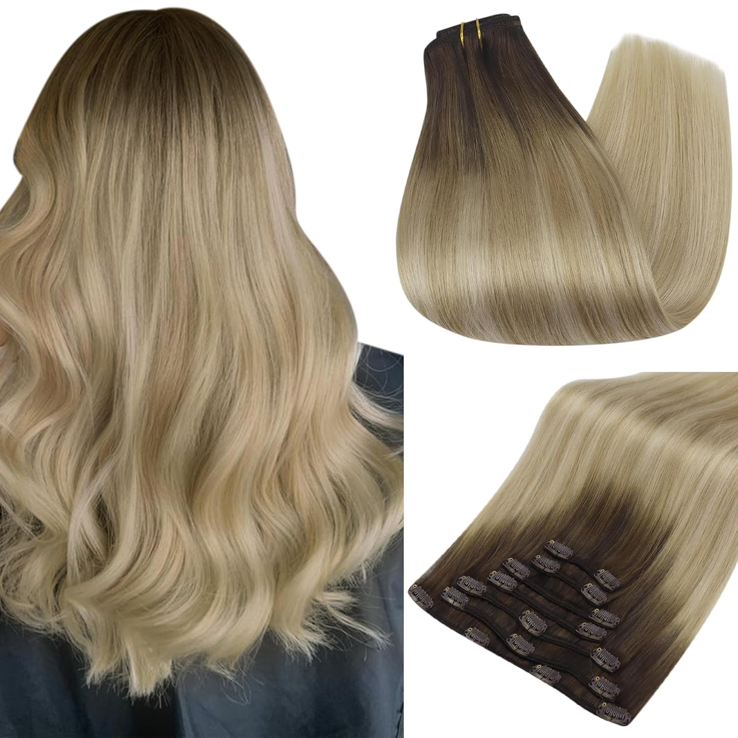Full Shine 20 Inch Real Human Hair Extensions Clip ins Black Ombre to Blonde Per...