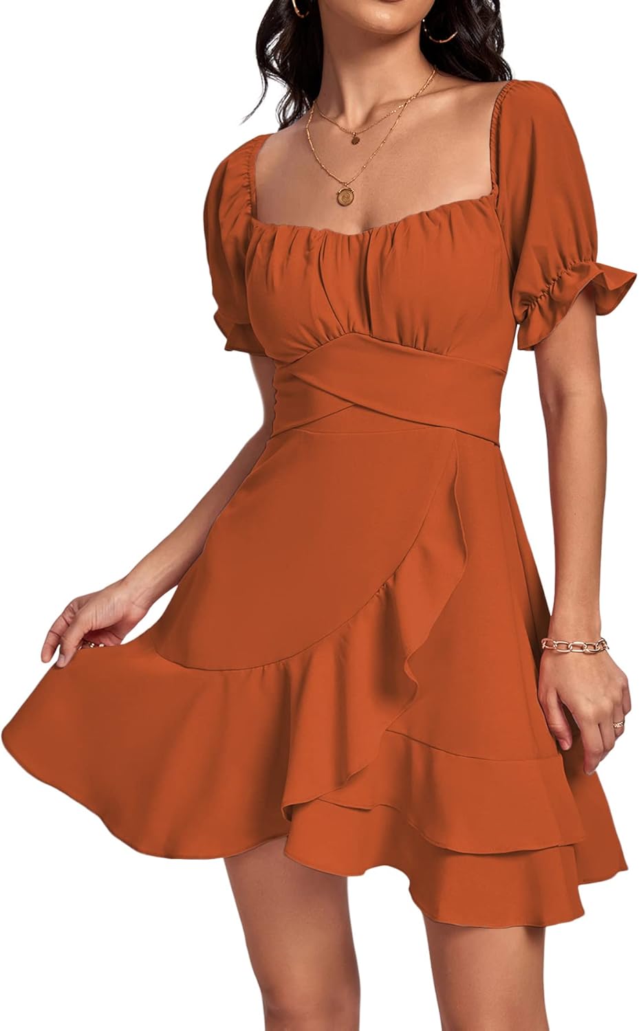 LYANER Women's Square Neck Ruffle Wrap Mini Dress Off Shoulder Flounce Short Sle...