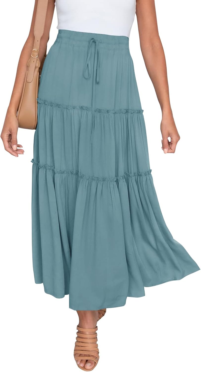 HAEOF Women's Boho Elastic High Waist A Line Ruffle Swing Beach Maxi Skirt with...