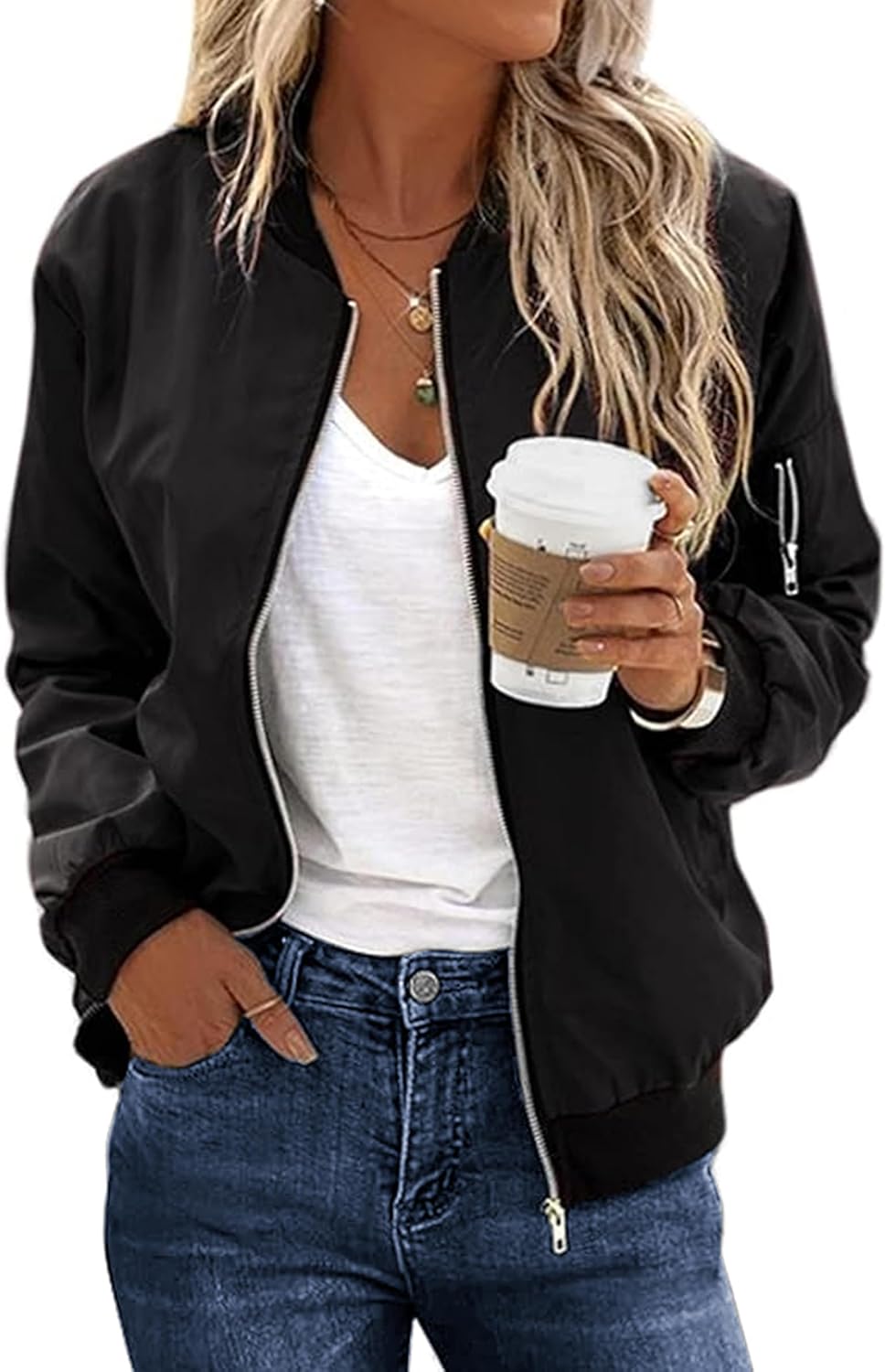 ECOWISH Women's Casual Floral Zip Up Bomber Jacket Coat Stand Collar Lightweight...