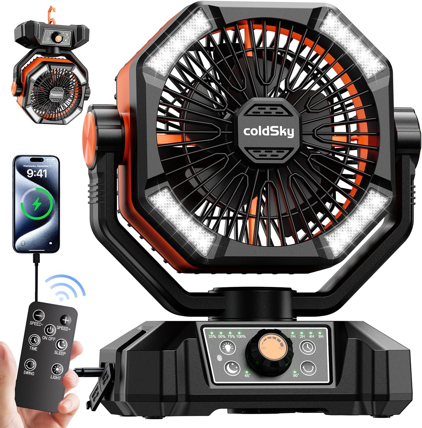 𝟮𝟬𝟬𝟬𝟬𝗺𝗔𝗵 Camping Fan with 𝗗𝘂𝗮𝗹 𝗠𝗼𝘁𝗼𝗿, Battery Operated Fan with 4 LED Lantern, 8...