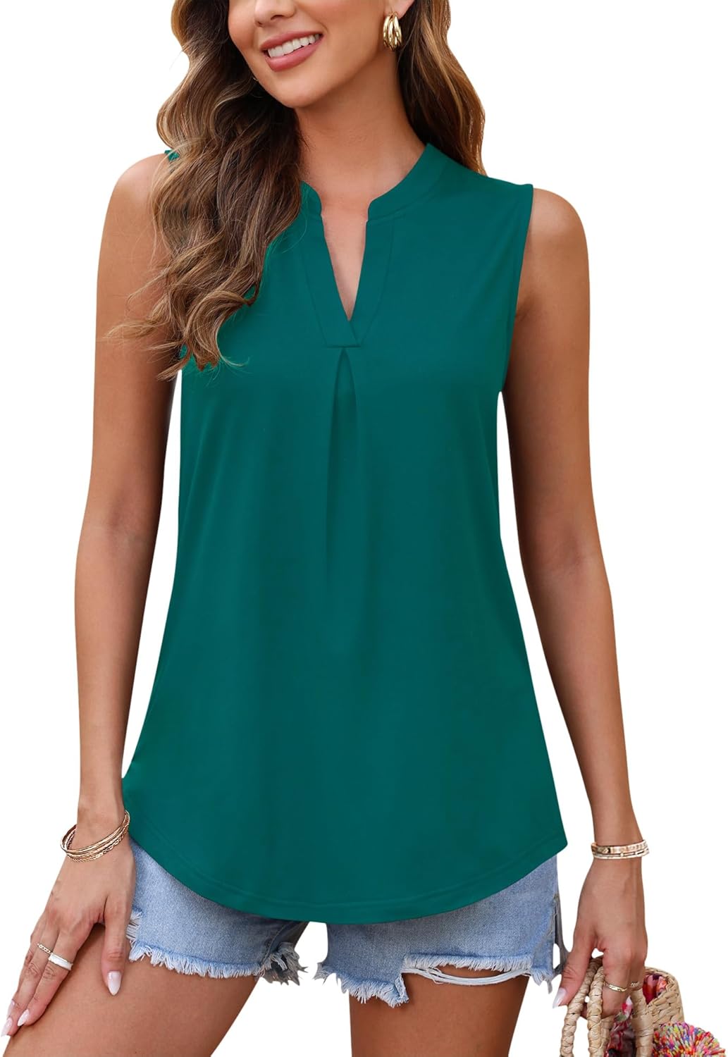 AUSELILY Womens Summer Tank Tops Causal Ladies V Neck Sleeveless Loose Pleated S...