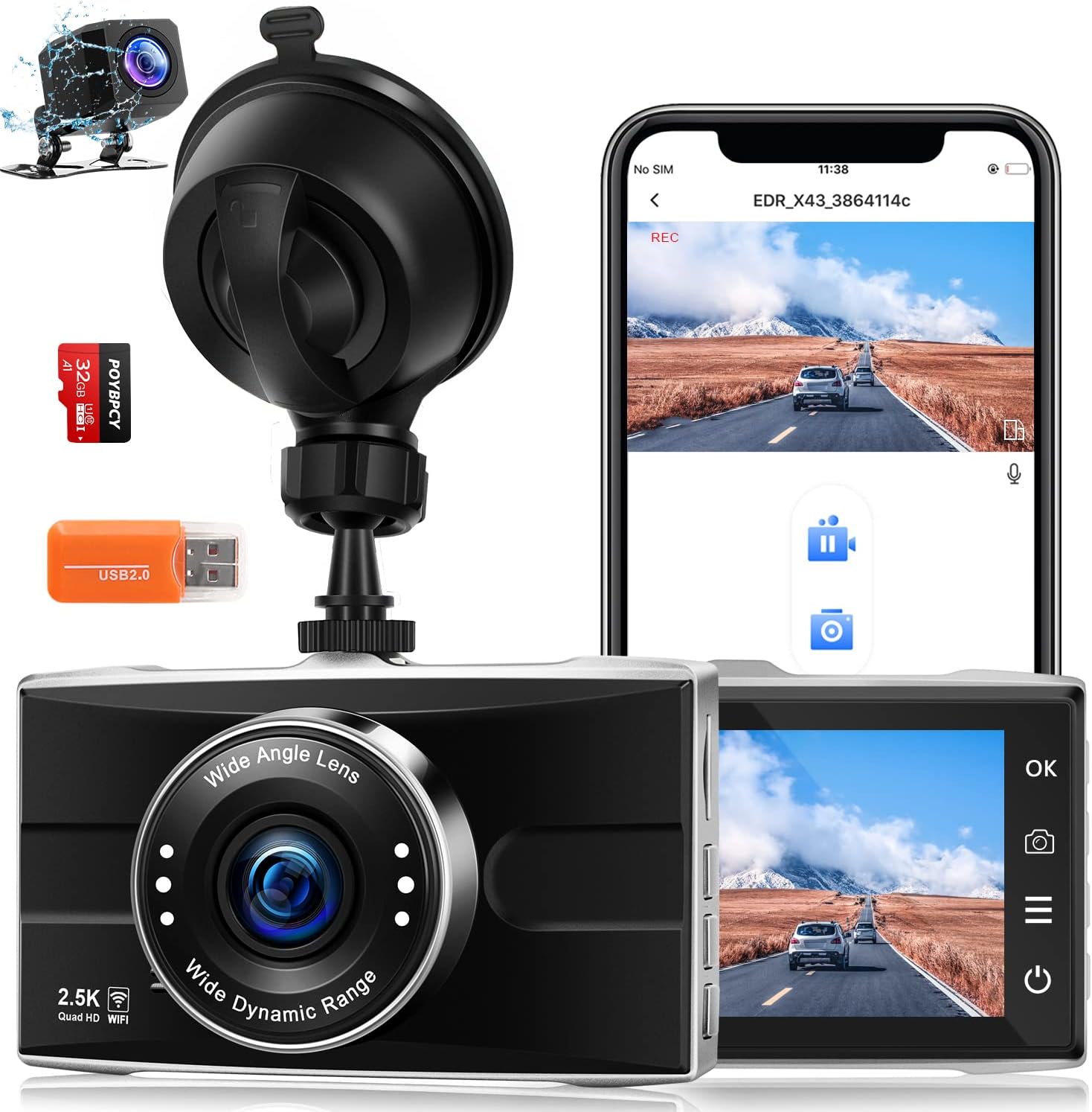 Dash Cam 2.5K Front and Rear Camera 1440P+1080P FHD WiFi Dual Dashcam for Cars S...