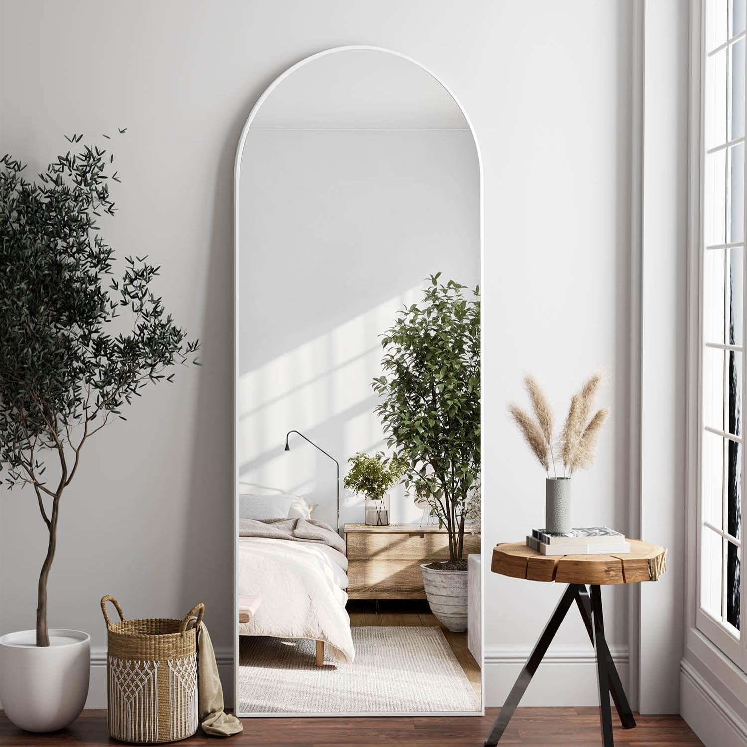 Arched White Full Length Mirror, 64"*21", Large Floor Mirror with Stand, Full Bo...