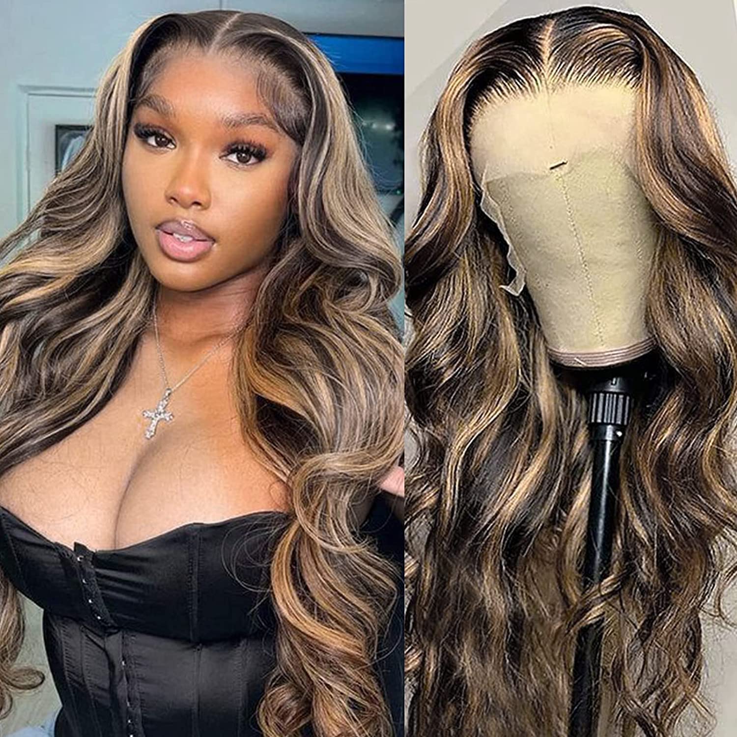 MEGALOOK Highlight Ombre HD 13x4 Lace Front Wigs Human Hair Pre Plucked 200% Den...