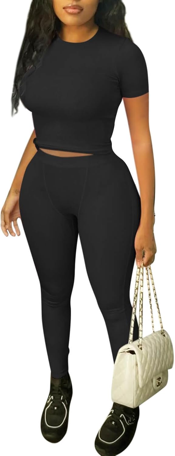 ZFLM Casual Workout Two Piece Outfits for Women Fitted Crew Neck T-shirt High Wa...