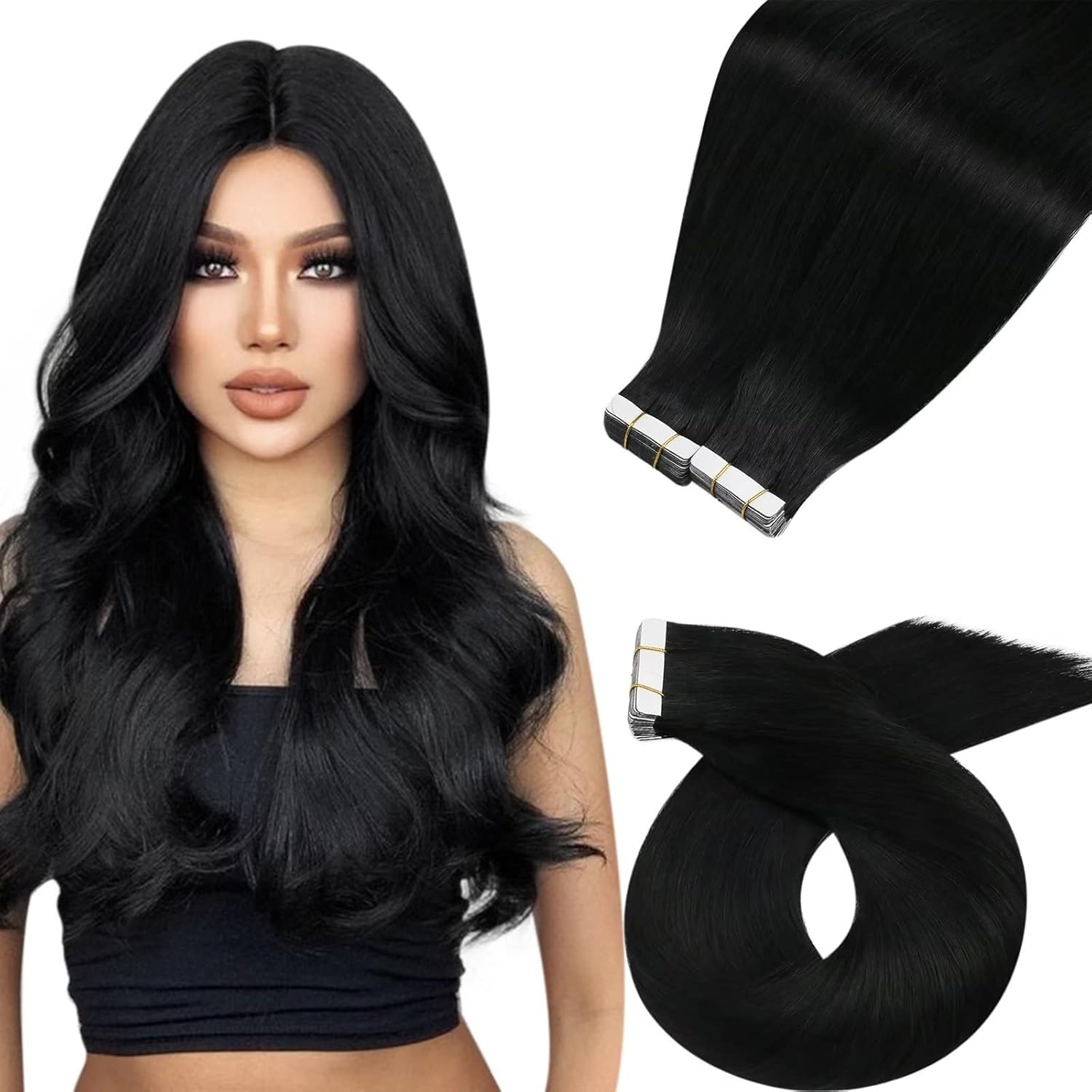 Moresoo Tape in Hair Extensions Jet Black Hair Extensions Real Human Hair Tape i...