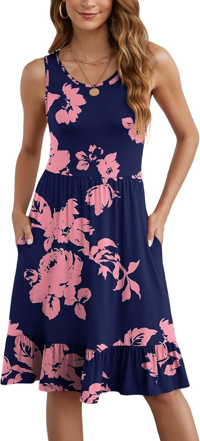 LILBETTER Women's Round Neck Summer Sundresses Casual Pleated Ruffle Hem Knee Le...
