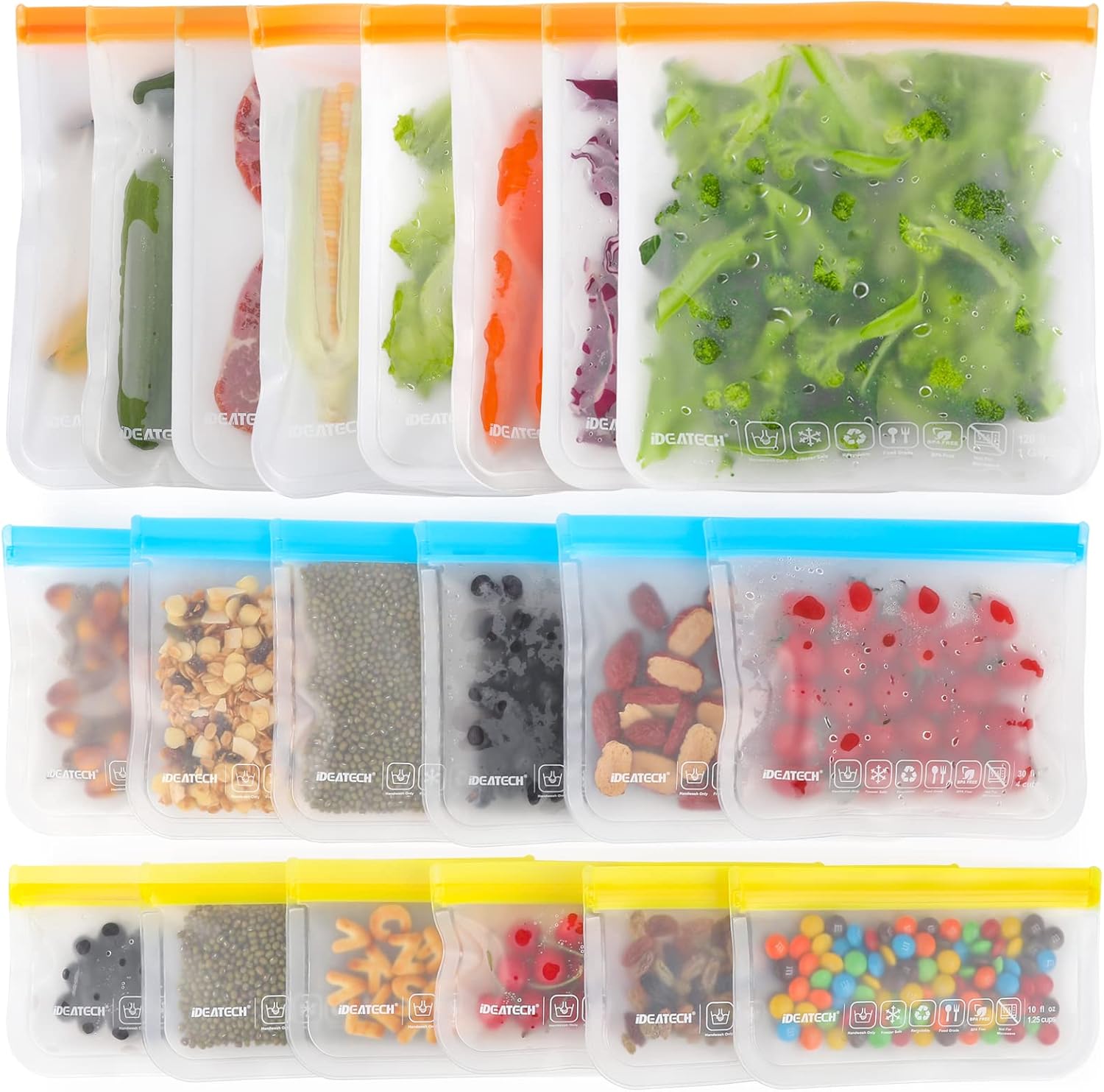 IDEATECH Reusable Food Storage Bags Washable, 20Pack Reusable Freezer Bags, BPA...