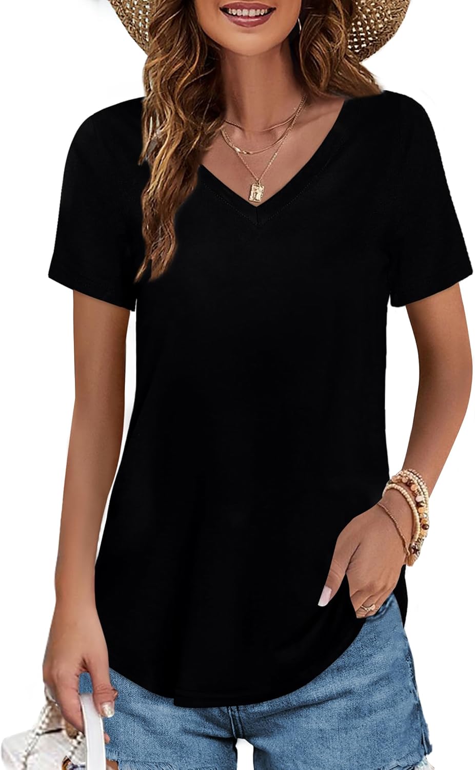 Elesomo Womens T Shirts V Neck Summer Short/Long Sleeve Cotton Tops Tees X-Small...