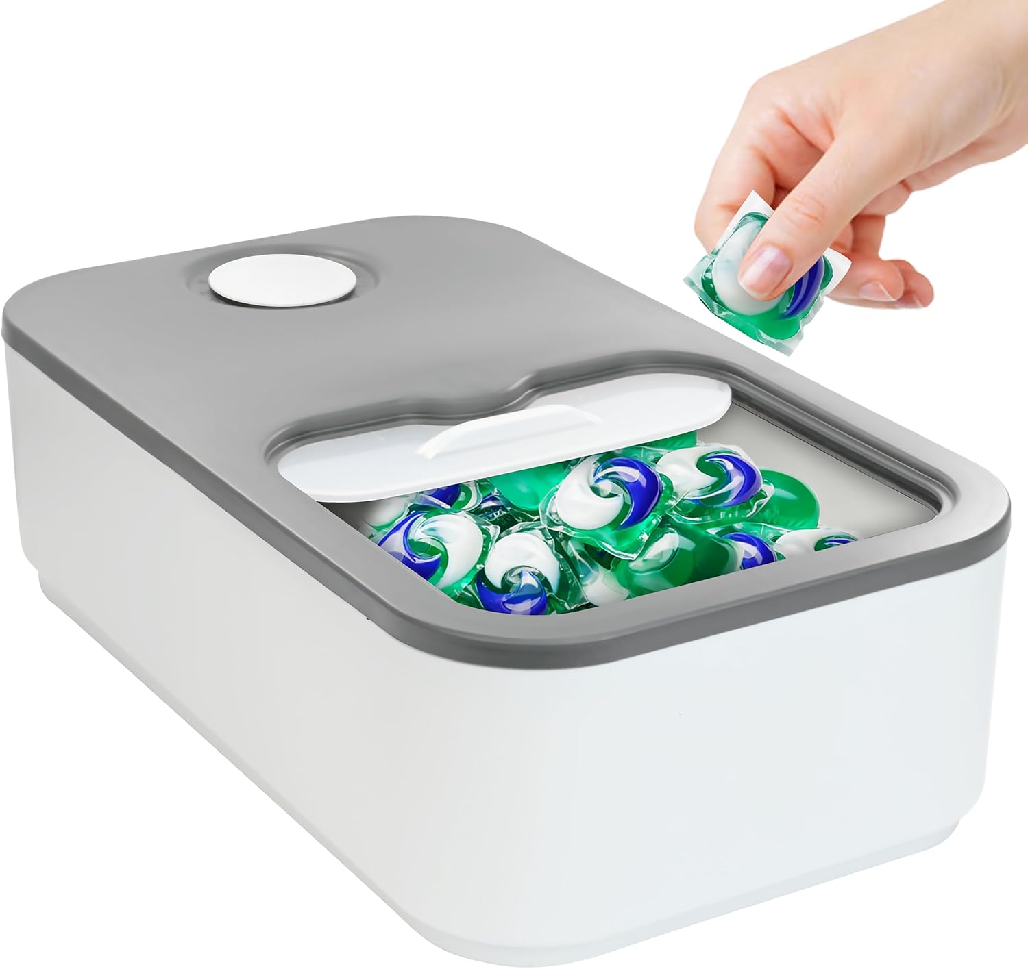 Skywin Laundry Pod Container Holder Push-Open White with Grey Lid -15”x8.7”x4.5”...