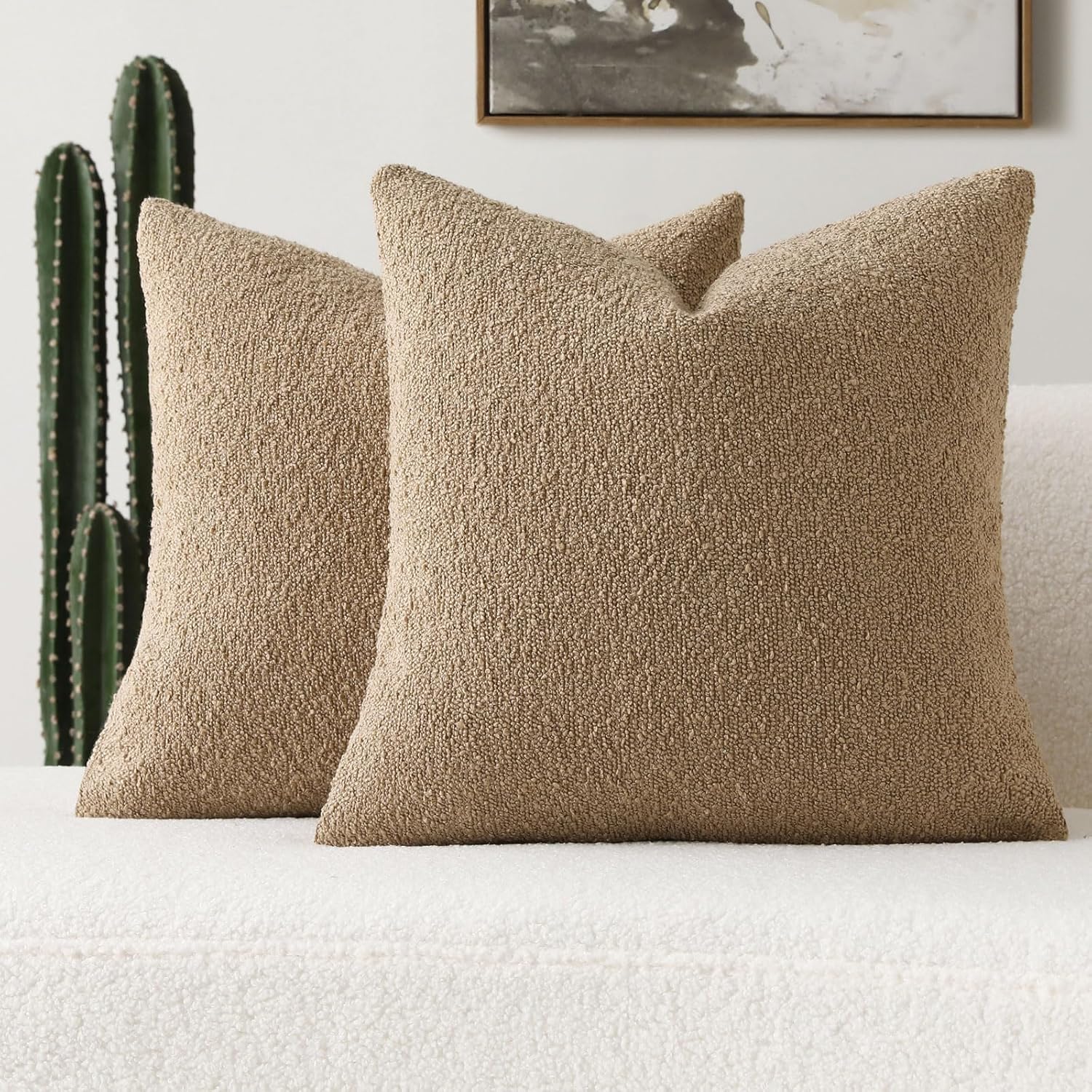 FUTEI Pack of 2 Khaki Boucle Accent Decorative Throw Pillow Covers,18x18 Inch So...