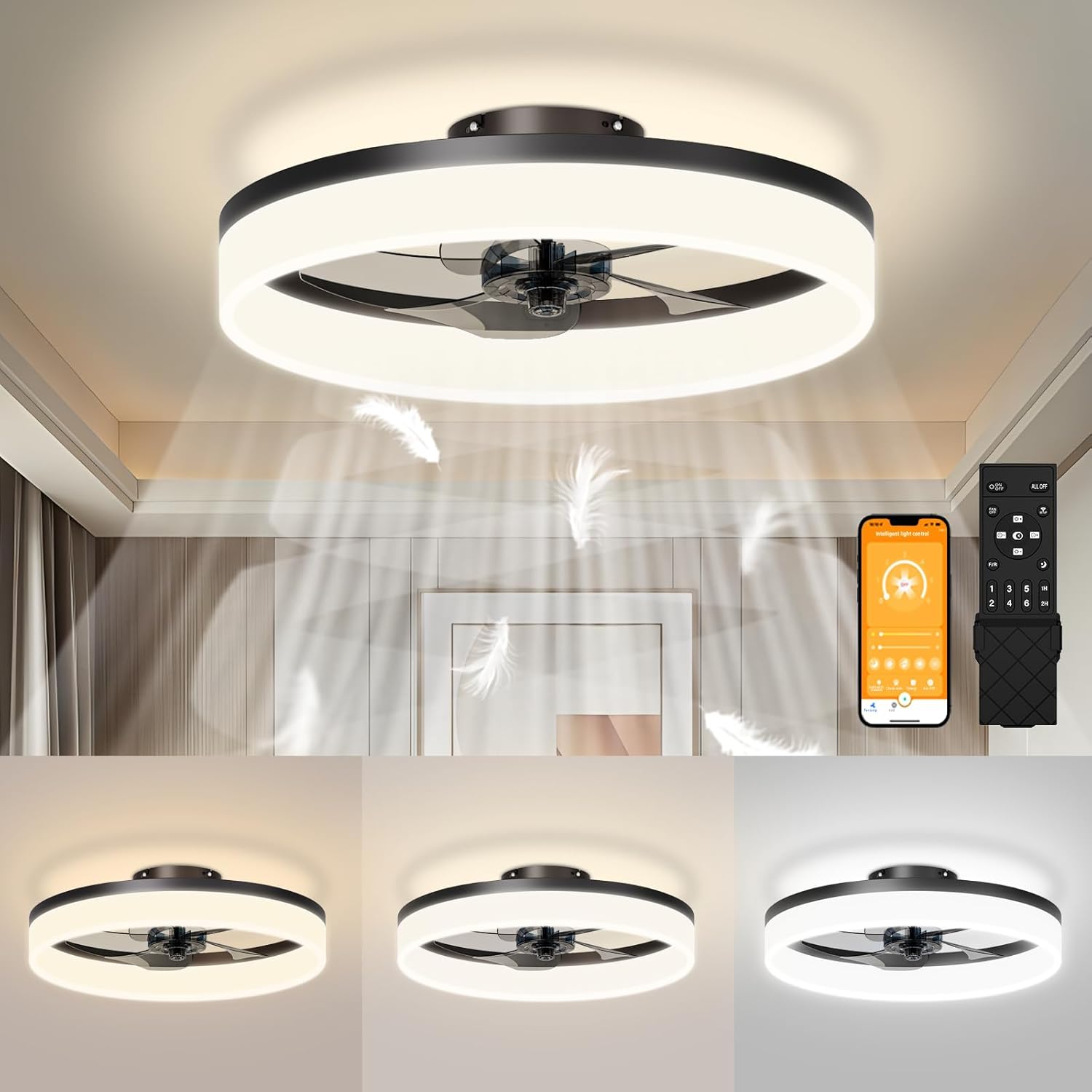 Low Profile Ceiling Fans with Lights, 19.7in Flush Mount Fandelier Ceiling Fan w...