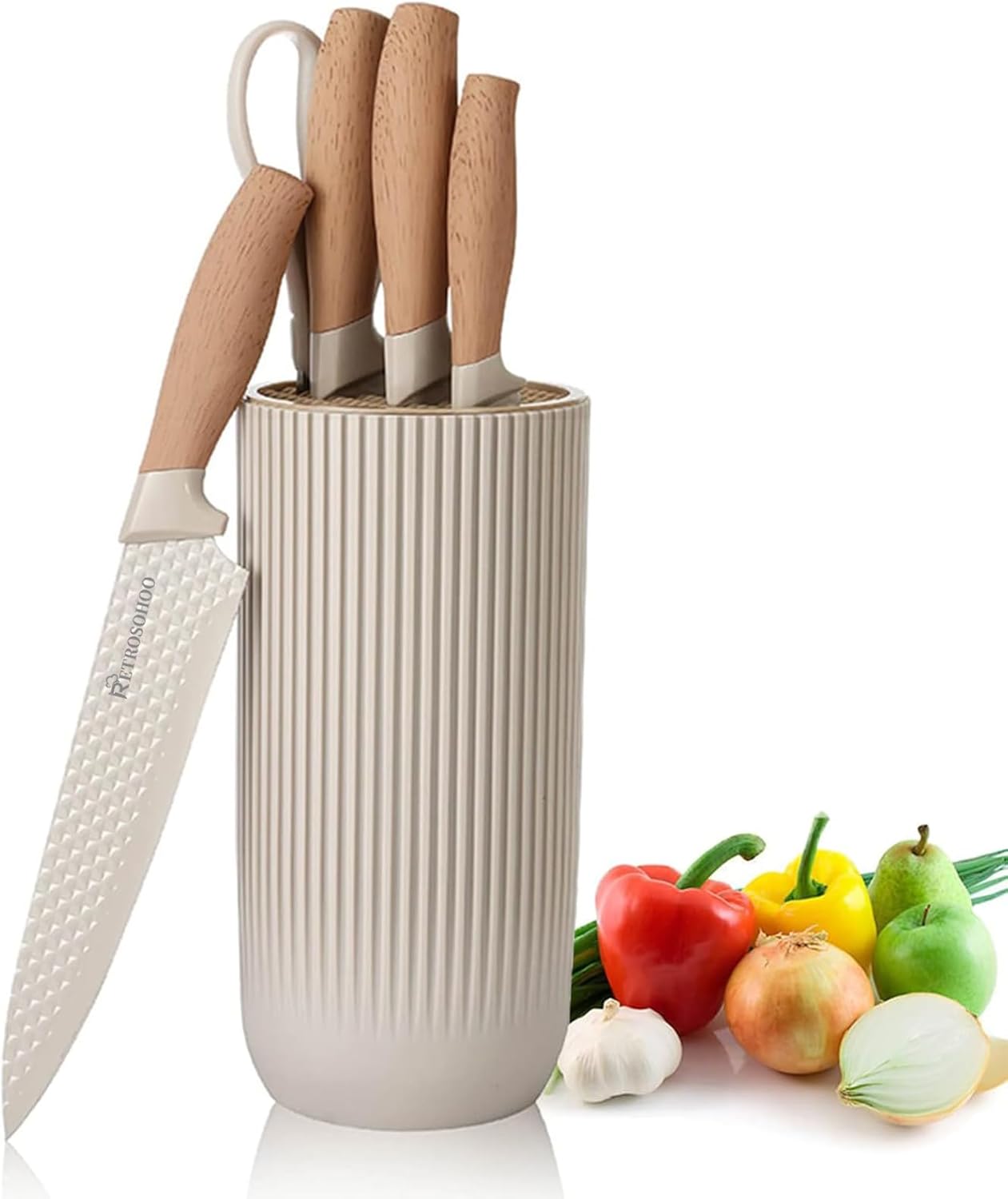 Kitchen Knife Set, Retrosohoo 6-Pieces Khaki Sharp Knife Set for Kitchen, Non-st...