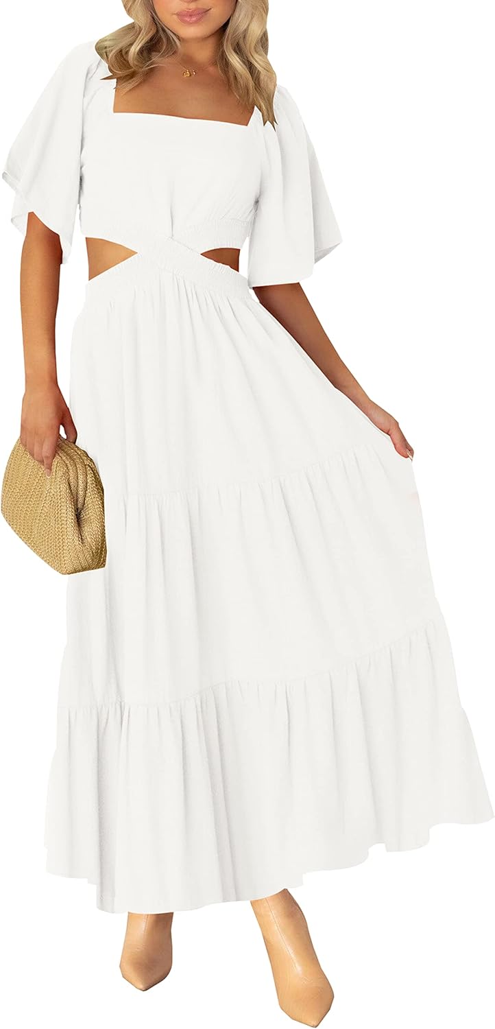 LEANI Women's 2024 Summer Cutout Maxi Dress Square Neck Short Sleeve Crossover W...