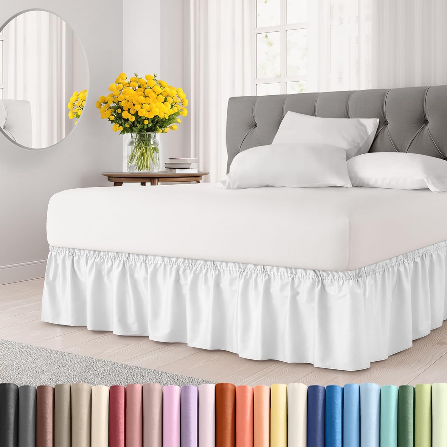 Wrap Around Dust Ruffle Bed Skirt - White - for Queen Size Beds with 15 in. Drop...