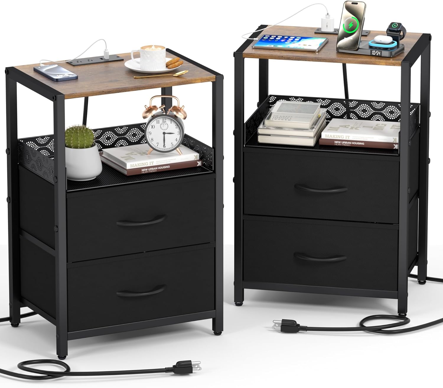 Nightstands Set of 2, End Table with Charging Station, Side Tables Bedroom with...