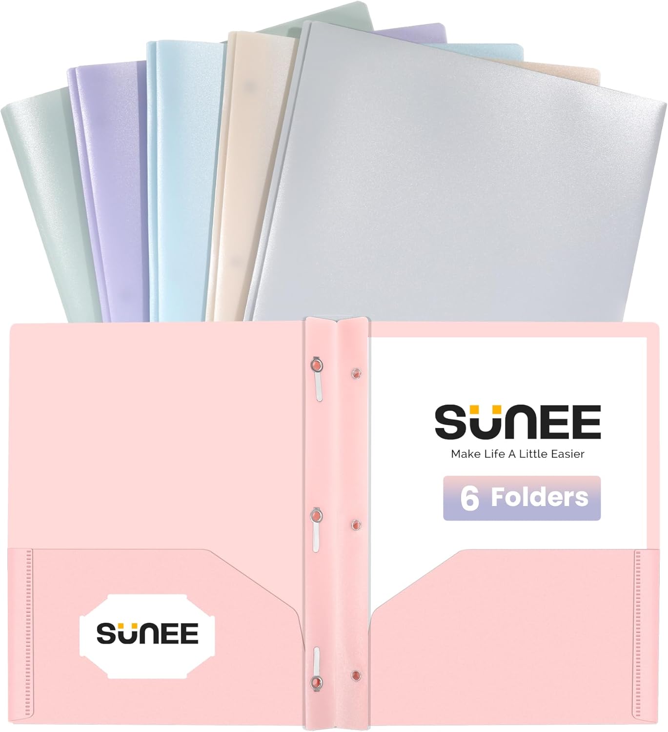 SUNEE 3-Prong Plastic Folders with Pockets (6 Pack, Pastel Colors) 2 Pocket Fold...