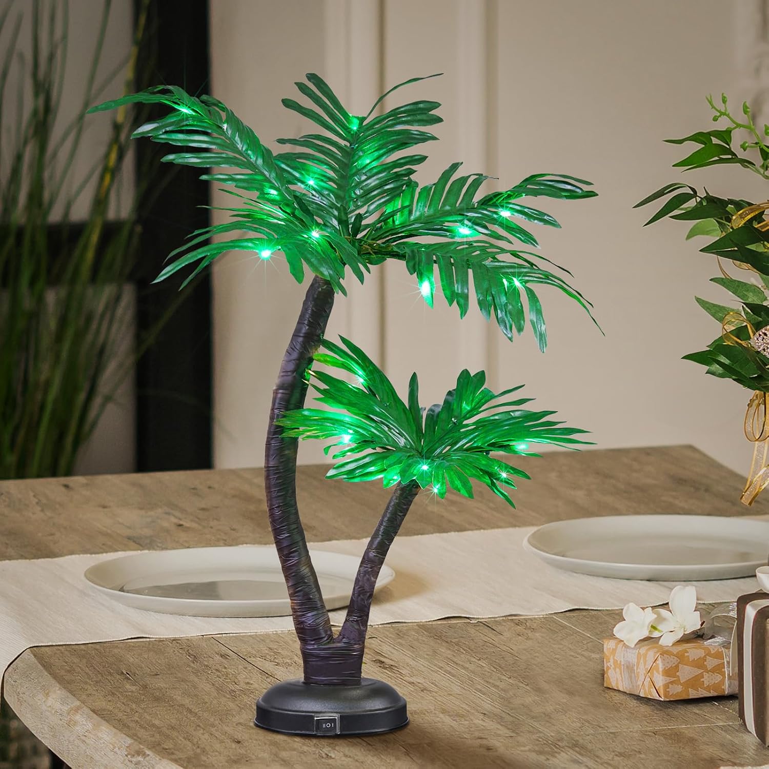 LIGHTSHARE 24Inch Twins Palm Tree Bonsai 25LED Lights,Green Light,Battery Powere...