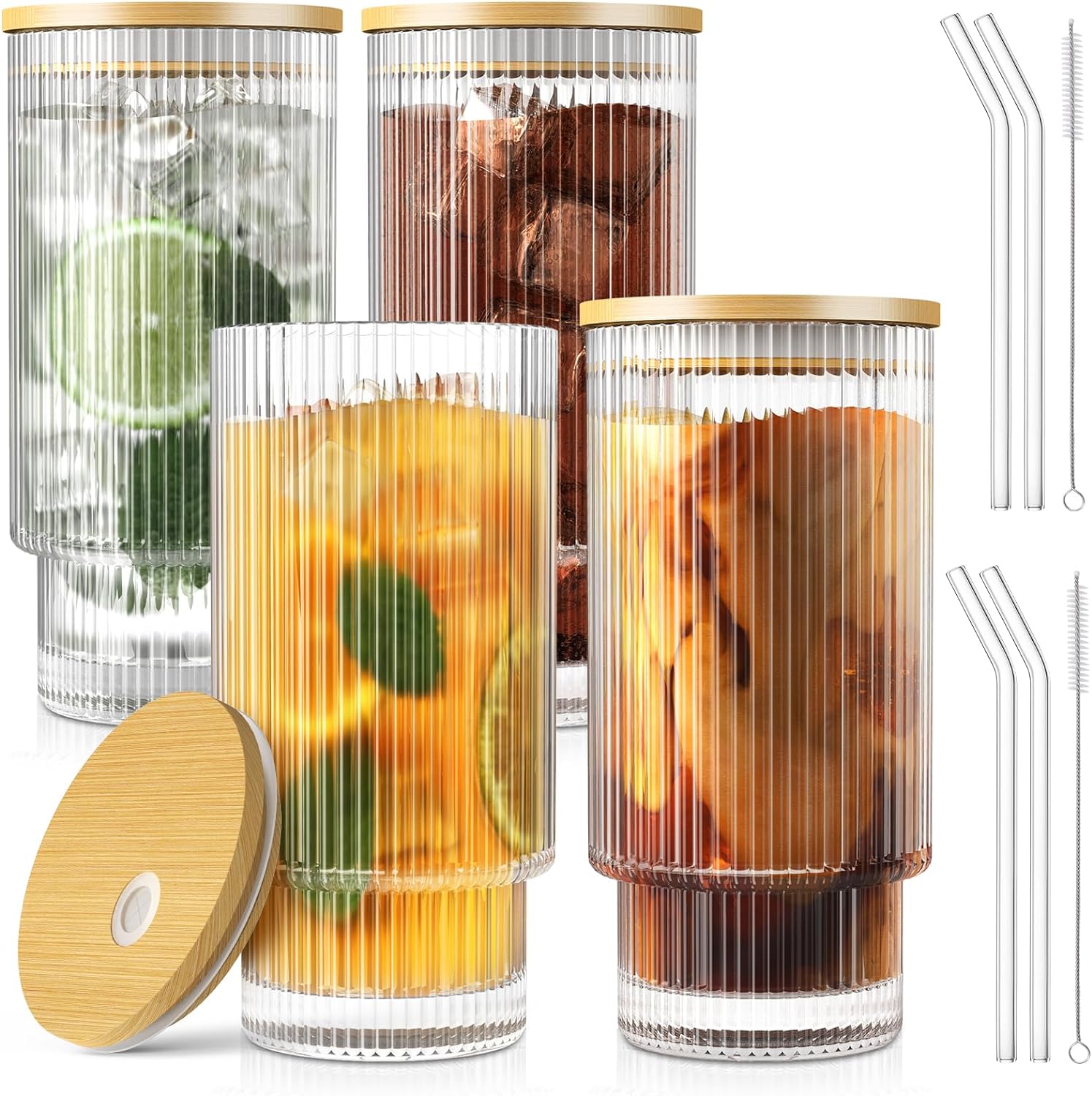 16OZ Ribbed Glass Cups with Lids and Straws 4 Set, Vintage Glassware for Whiskey...
