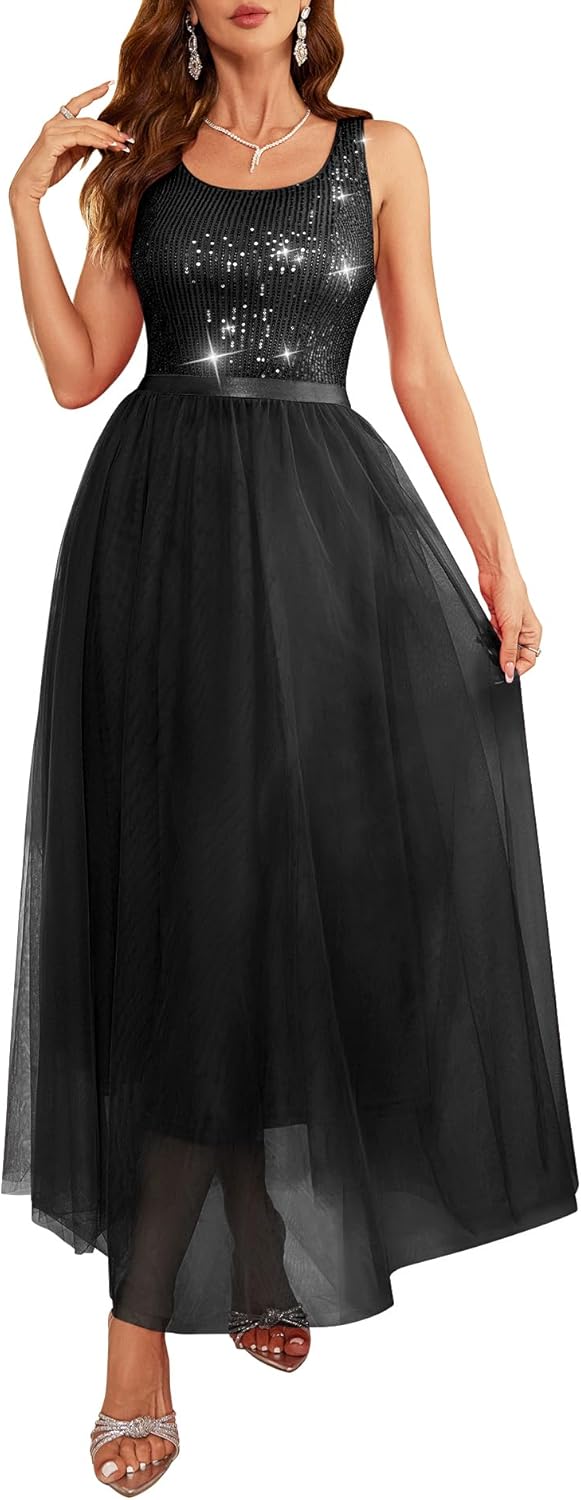 BeryLove Sequin Dress for Woman Vintage A Line Wedding Formal Swing Mesh Dress S...