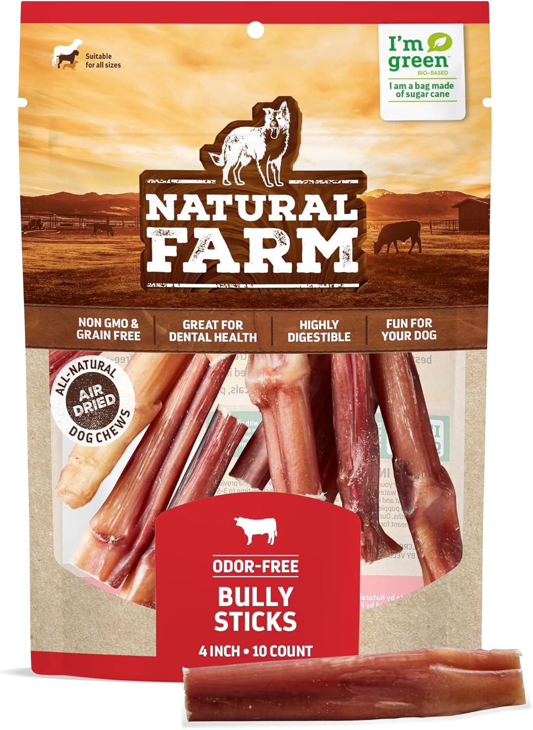 Natural Farm Odor Free Bully Sticks (4 Inch, 10 Pack) for Small & Medium Dogs -...