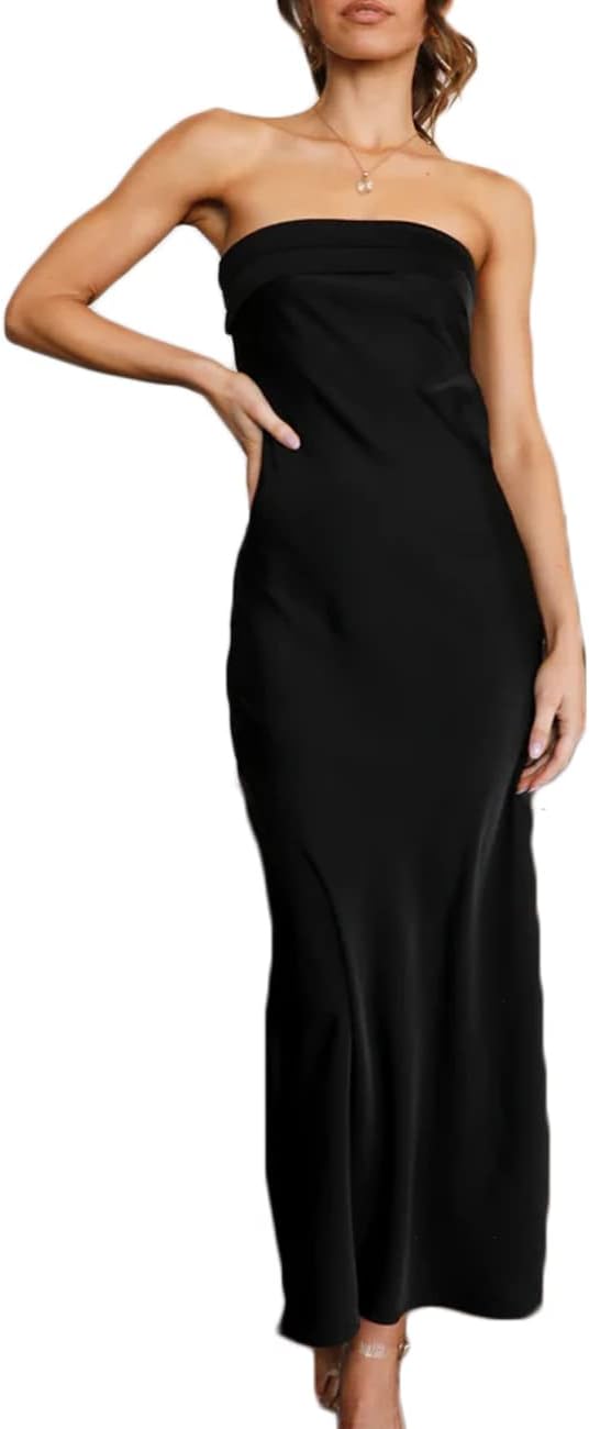 Realtix Satin Silk Backless Tube Tops Maxi Dress for Women Low Back Hollow Out E...