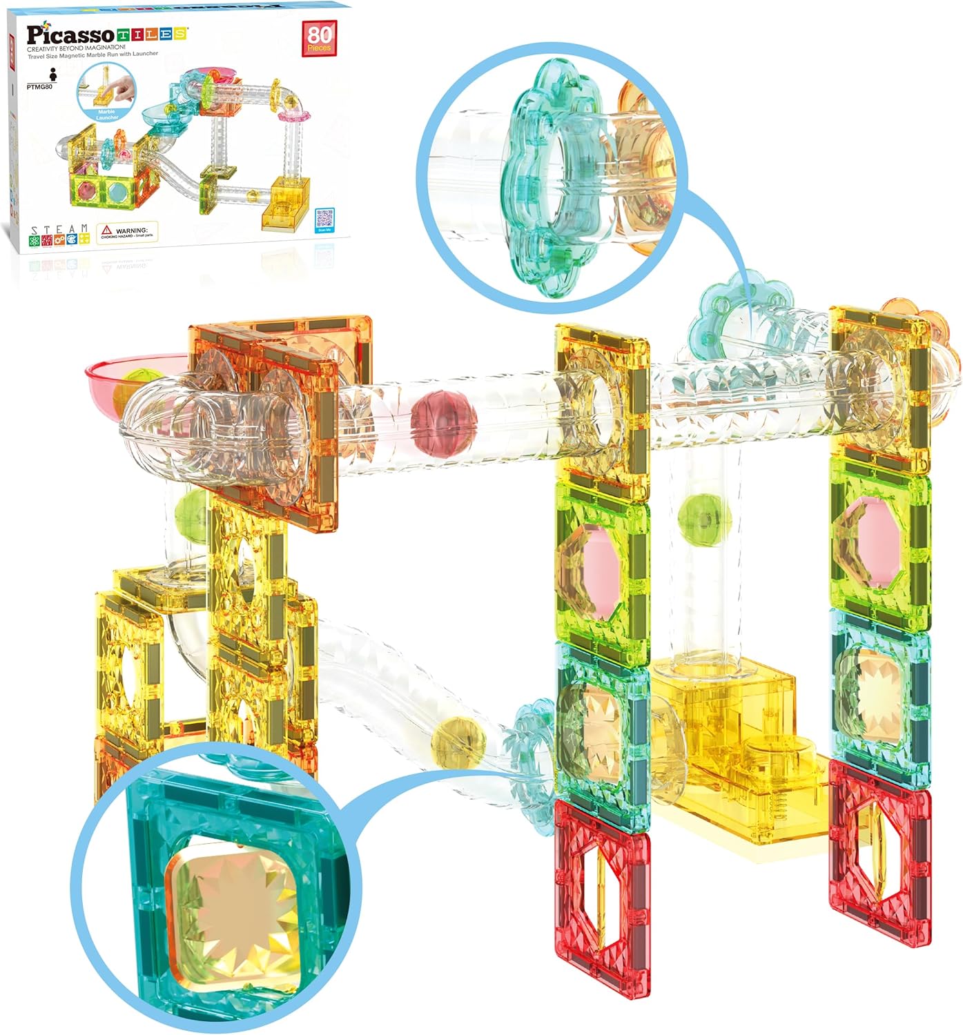 PicassoTiles Magnet Tile Building Block 80pc Marble Run Race Track Travel Size P...