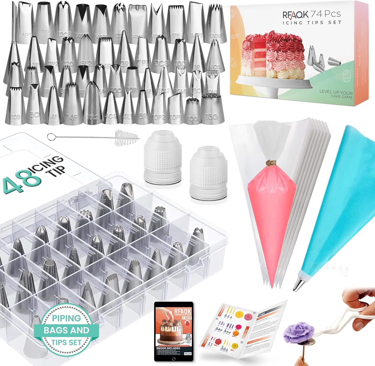 RFAQK 74 PCs Icing Piping Bags and Tips Set, Cake Decorating Kit with 48-Numbere...
