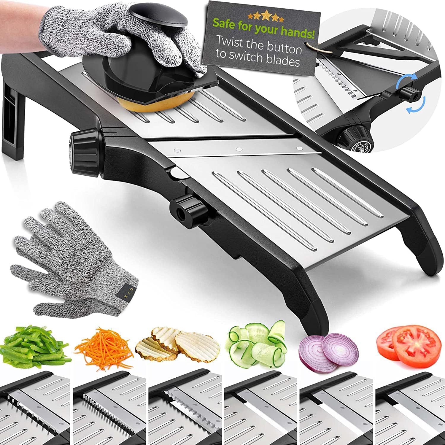 Mandoline Food Slicer, Adjustable Stainless Steel with Waffle Fry Cutter Crinkle...