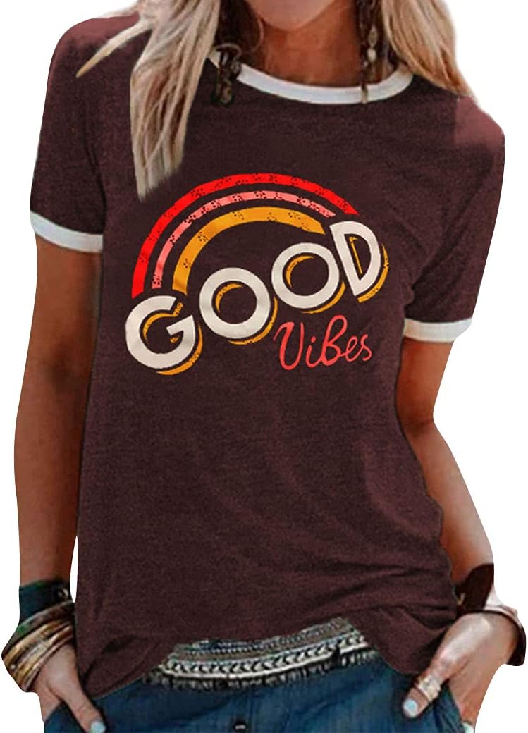 Dresswel Women Good Vibes T-Shirt Rainbow Graphic Print Tee Shirts Summer Tops X...