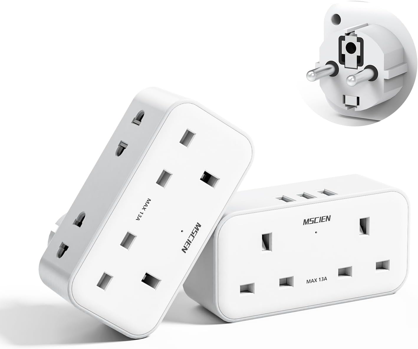 2 Pack UK to European Plug Adapter with 3 USB, 2 Way Euro Plug Adaptor with Dual...