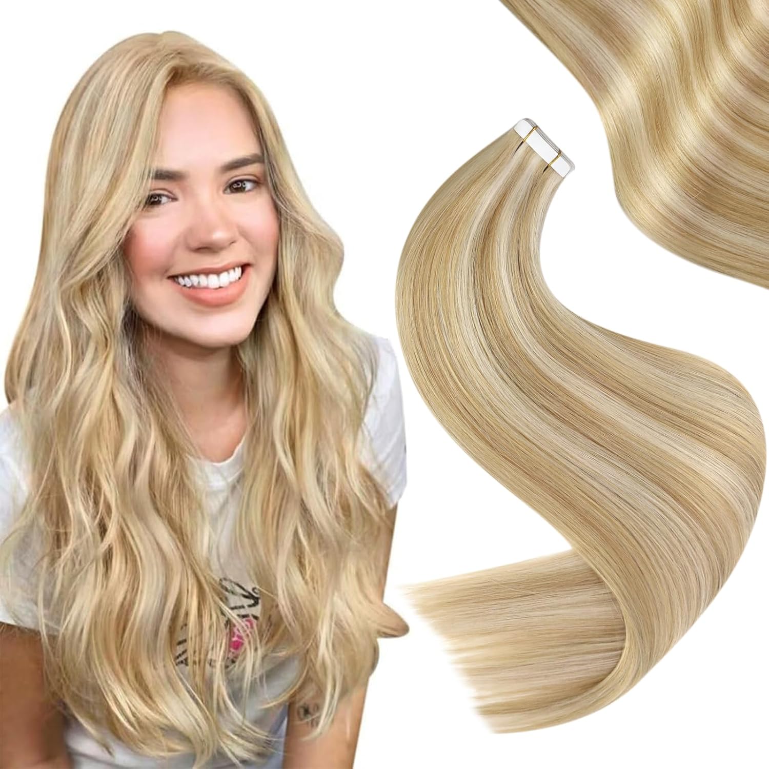 Easyouth Tape Hair Extensions Real Human Hair Blonde Highlight Tape Extensions H...