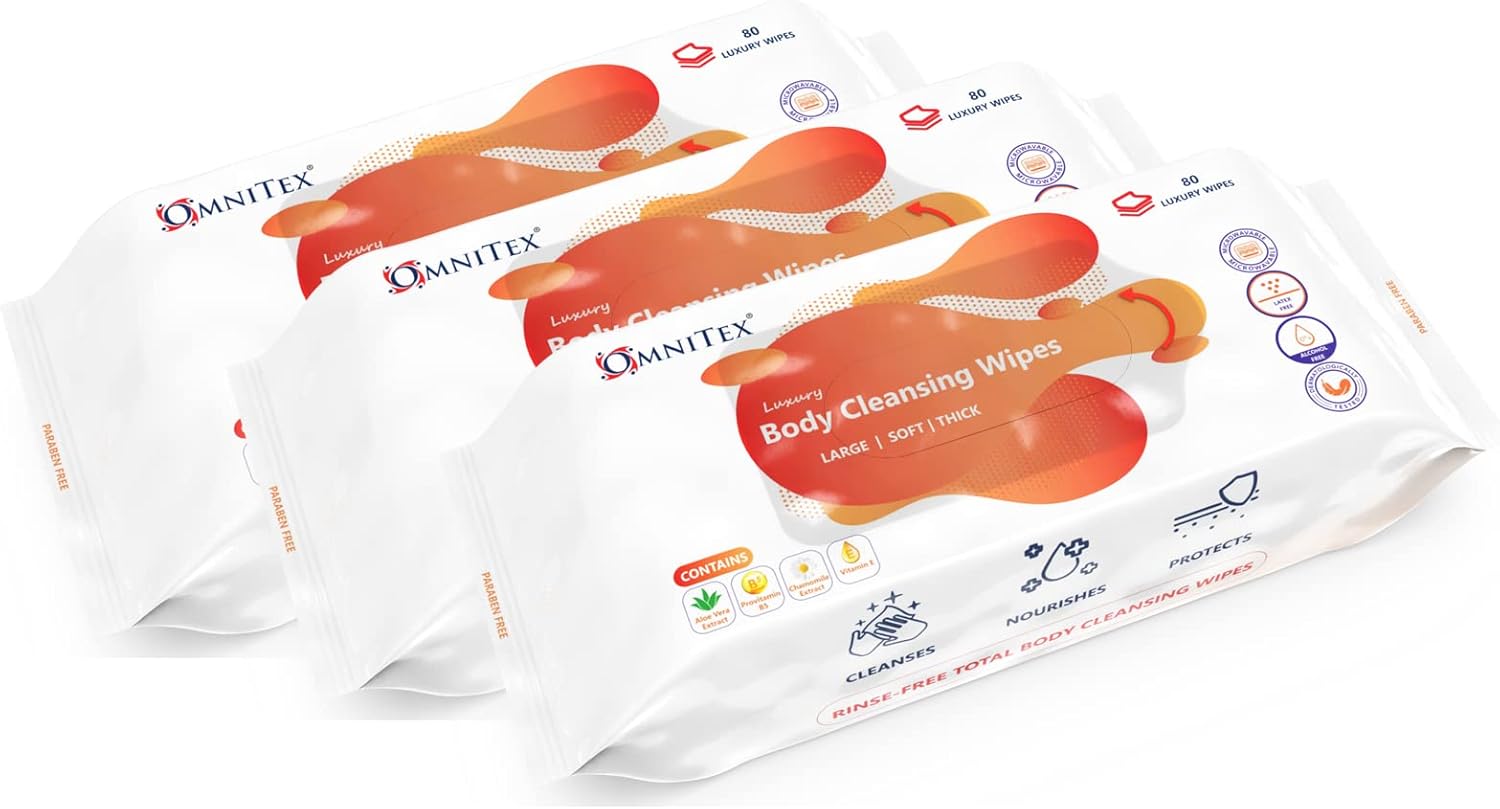 240x Omnitex Thick Luxury Body Cleansing Wipes - Microwaveable | Large Rinse Fre...