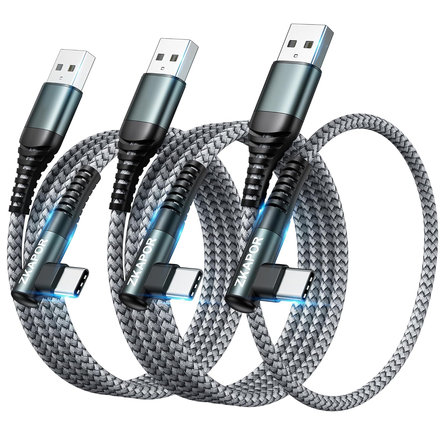 ZKAPOR USB C Charger Cable [3Pack 0.3M+2M+2M], USB C Cable Nylon Right Angle Typ...