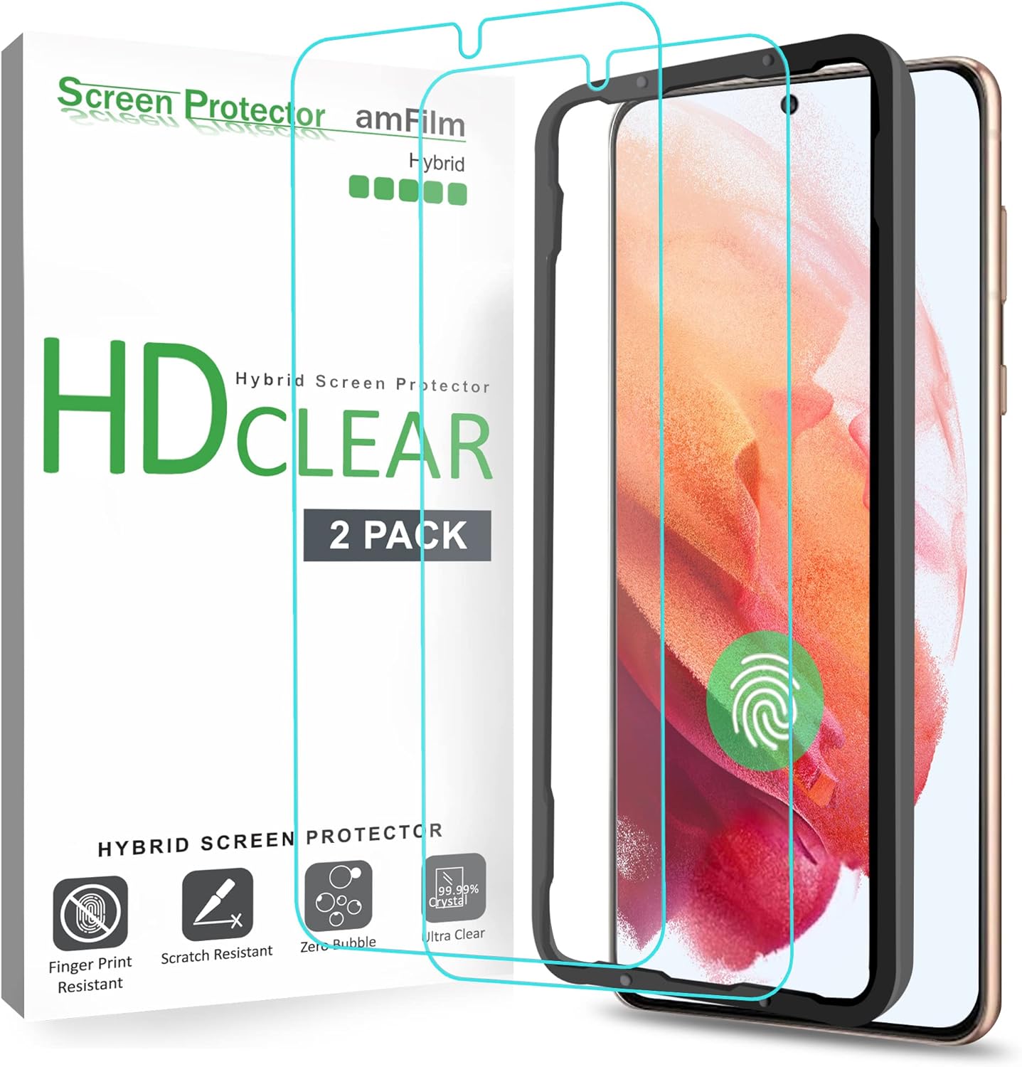 amFilm (2 Pack Screen Protector for Samsung Galaxy S21 5G 6.2 inch (2021), Finge...