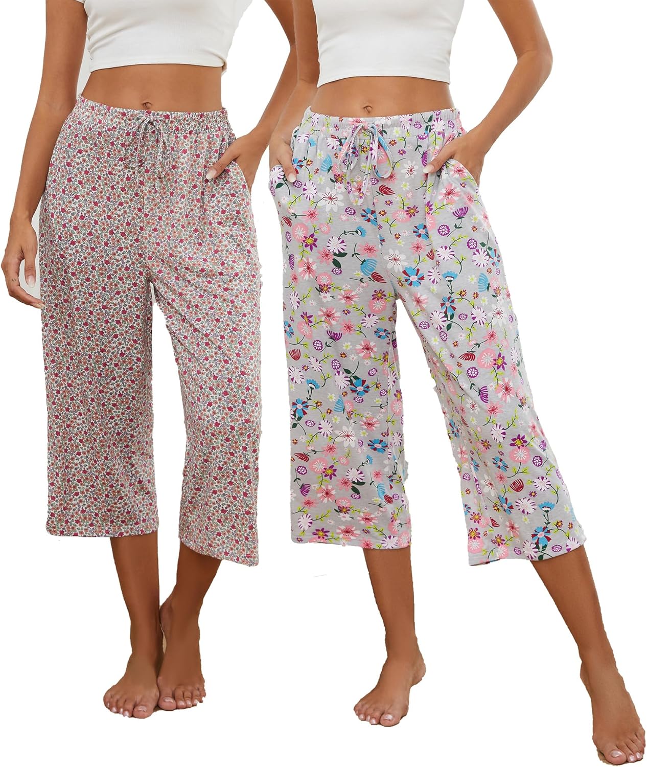 2 Pack Womens Pajama Pants Capri Sleep Lounge Pants Drawstring Pj Bottoms with P...