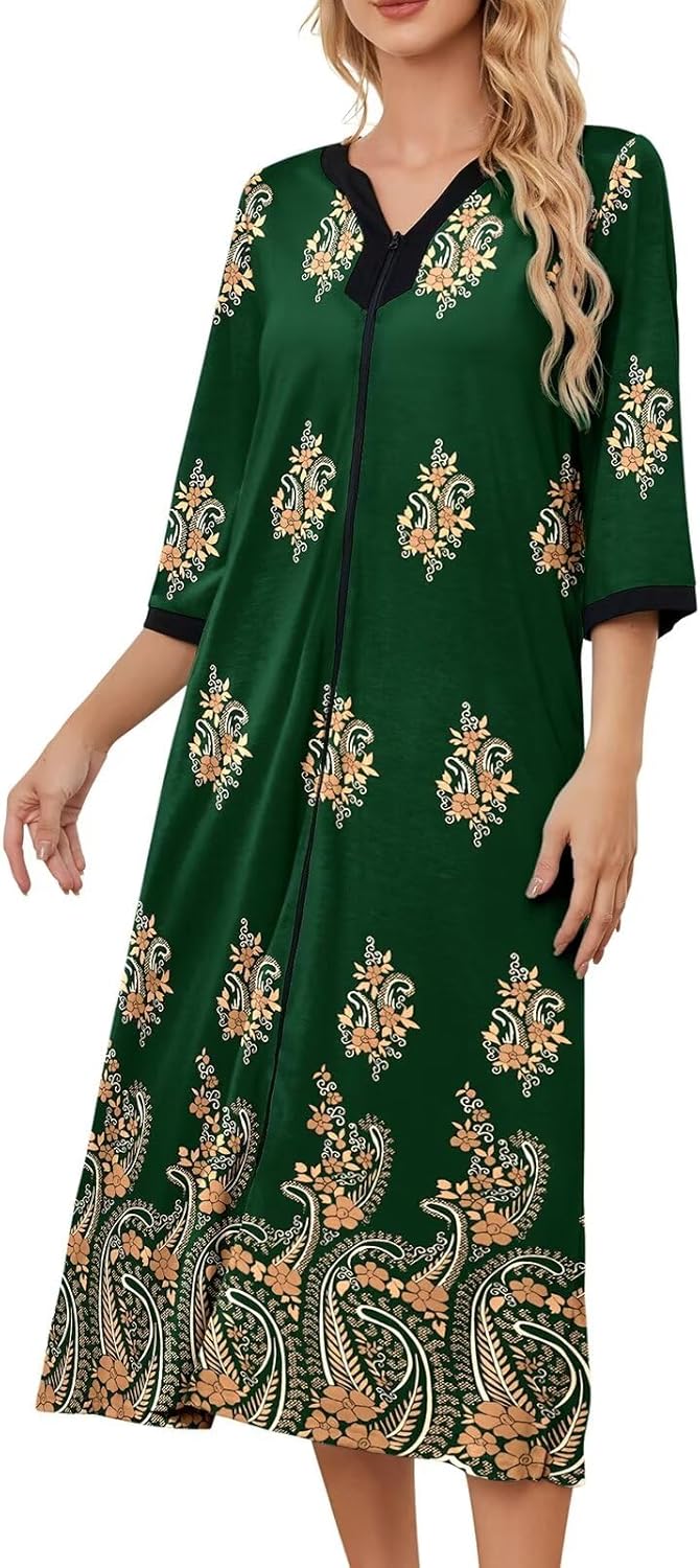 PITINAN Moo Moo Nightgown House Dress Zip up Robes for Women Long Lounge Dress H...