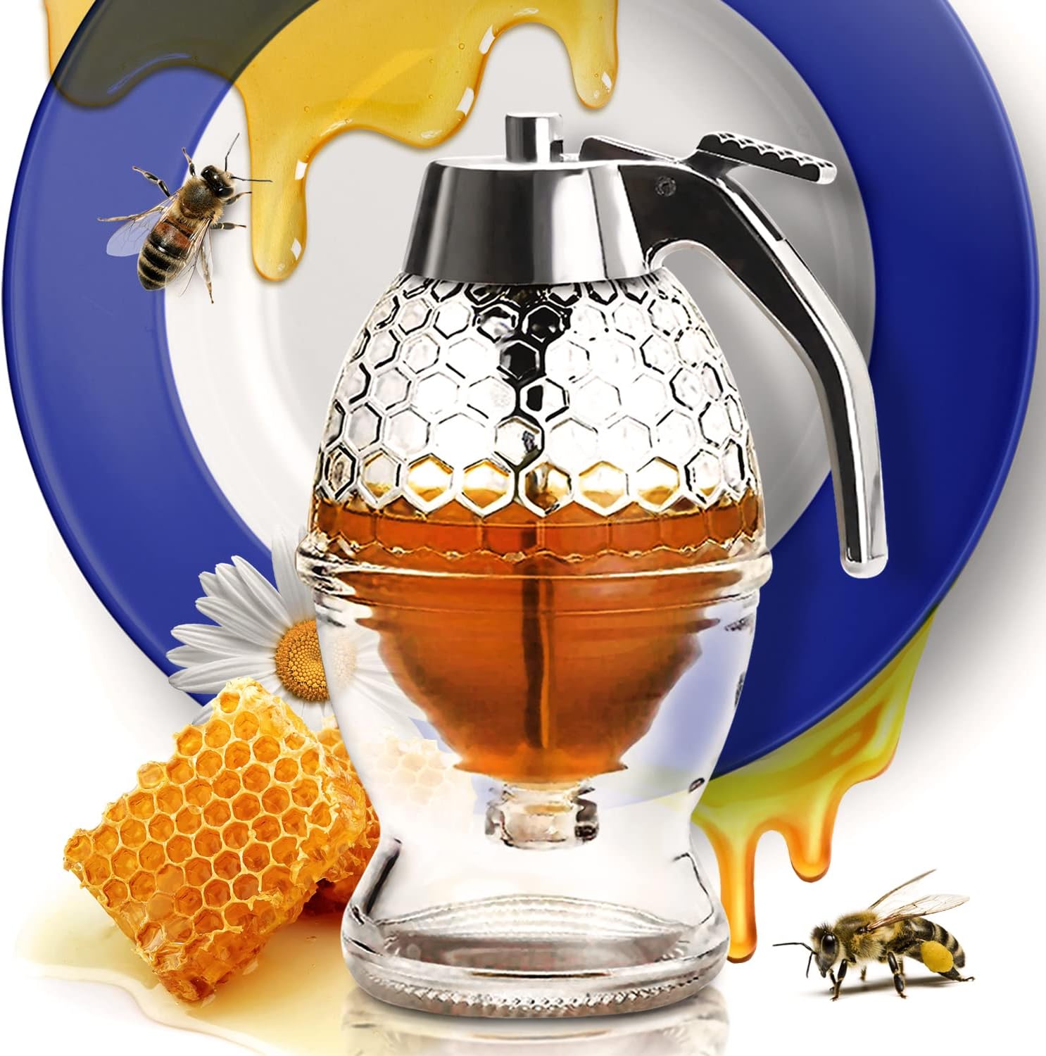 Honey Dispenser – No Drip Glass with Stand – Honey Jar – Clear Glass Honey Conta...