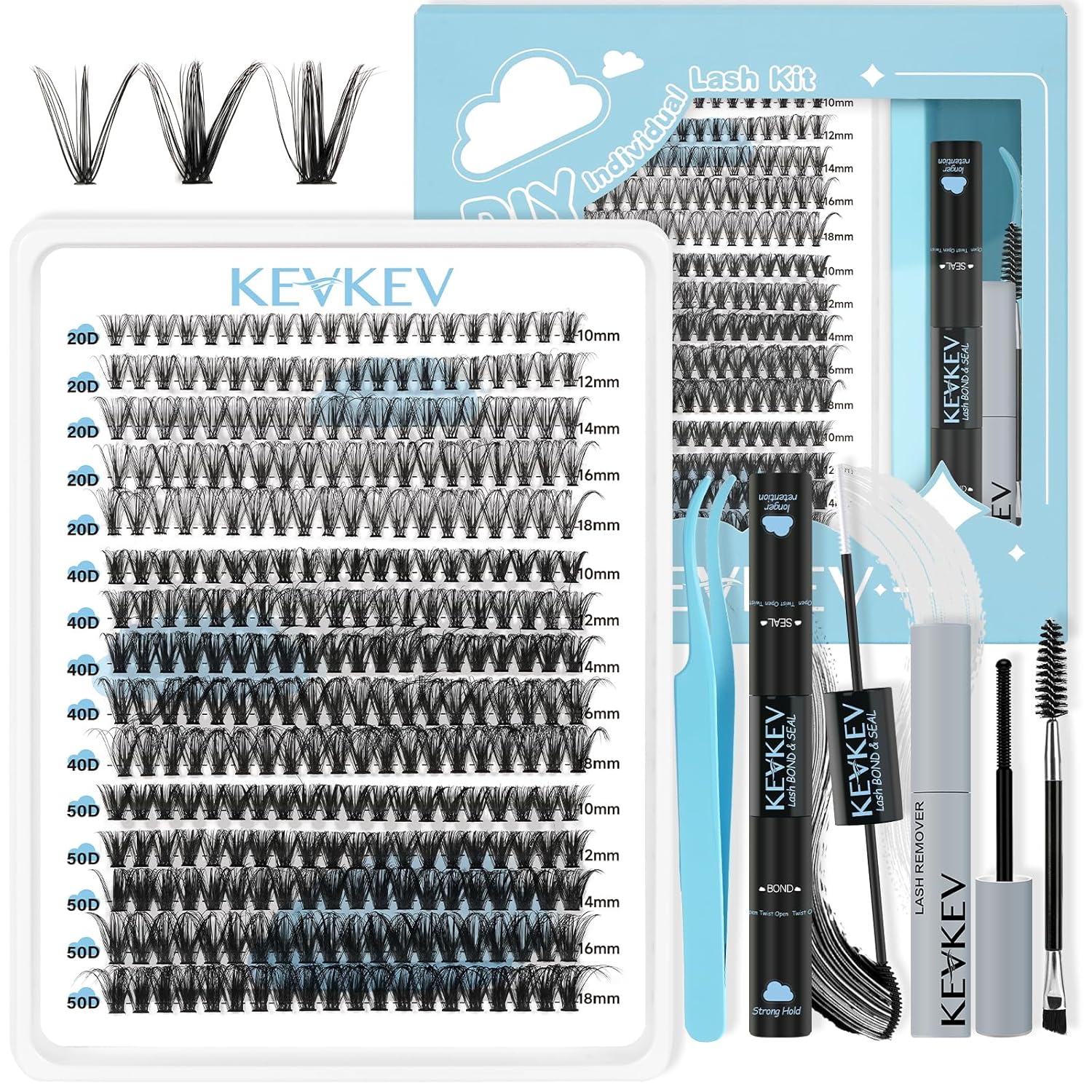 KevKev Lash Extension Kit 300Pcs Lash Clusters Kit DIY Eyelash Extension Kit wit...