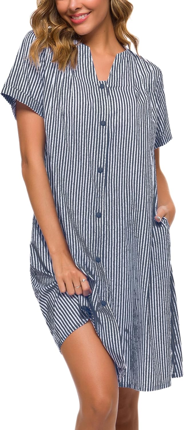 YOZLY House Dress Women Cotton Duster Robe Short Sleeve Housecoat Button Down Ni...