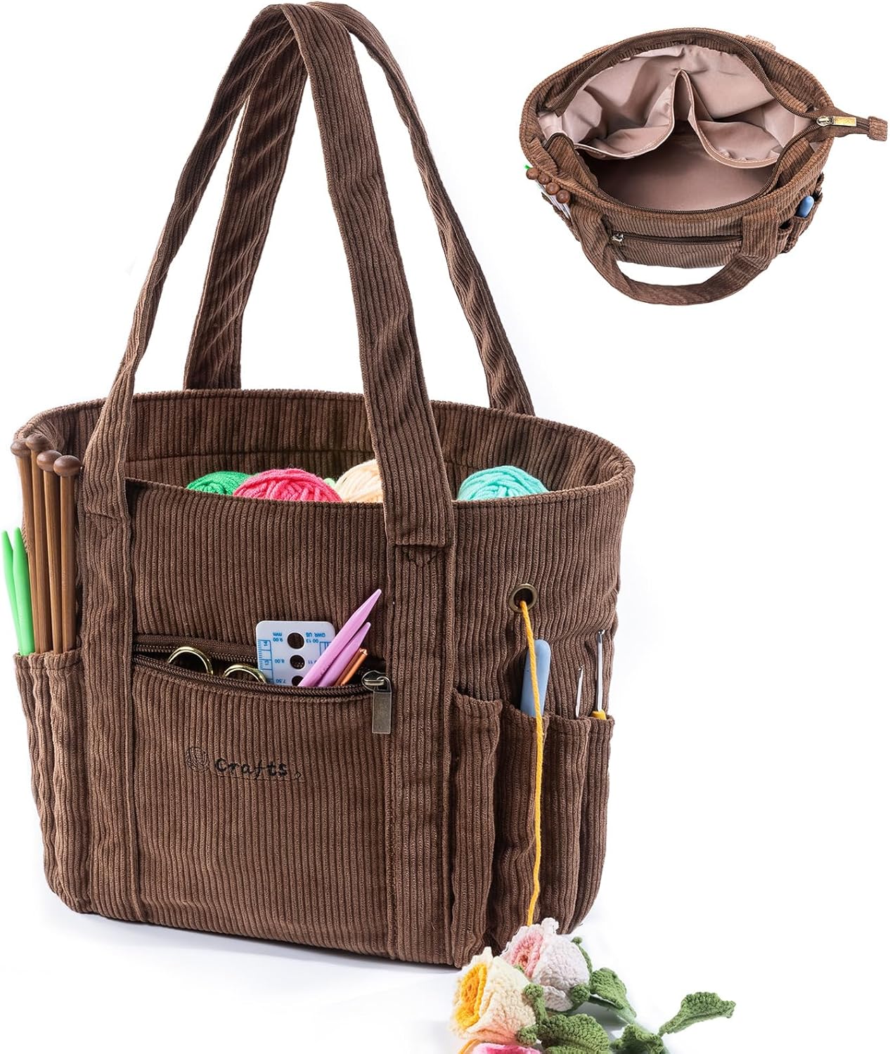 MYBAGZING Crochet Bag and Tote - Corduroy Yarn Bag - Yarn Holder for Crocheting...