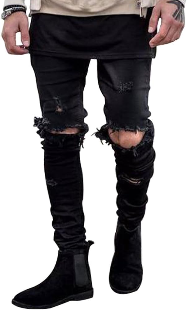 HUNGSON Mens Ripped Skinny Jeans Slim Fit Stretch Pants for Men 32 Black Ripped...