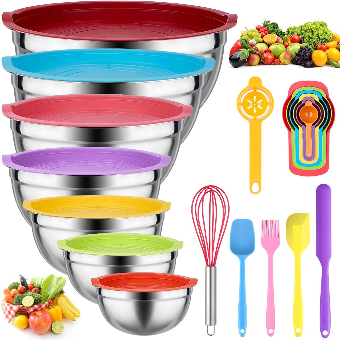 Mixing Bowls with Lids for Kitchen - 26 PCS Stainless Steel Nesting Colorful Mix...