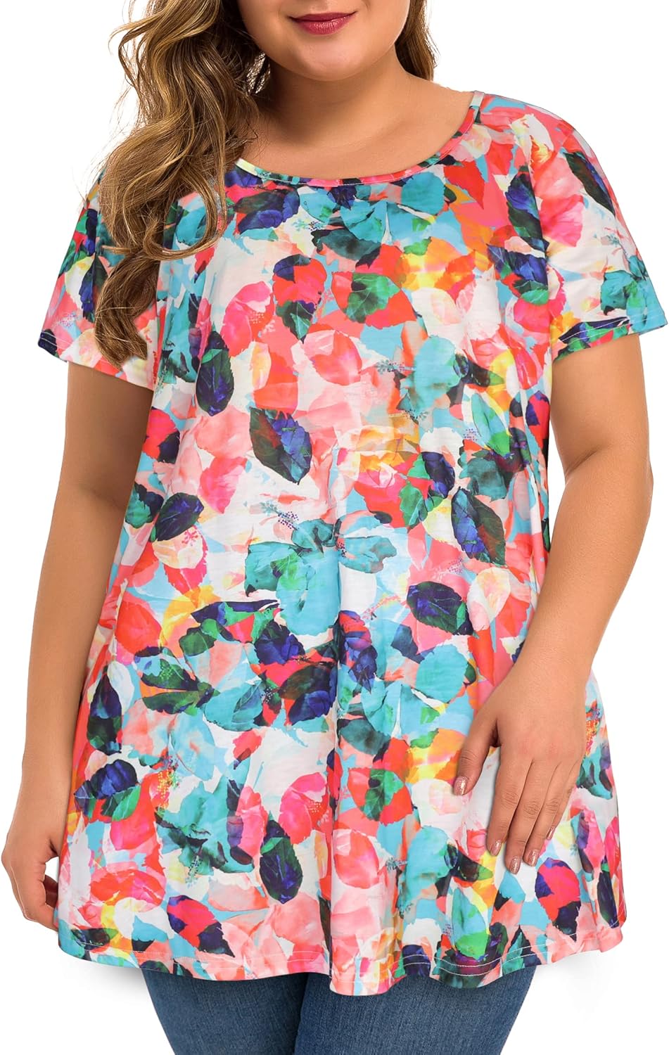 JOELLYUS Plus Size Tops for Women Tunic Floral Casual Short Sleeves T Shirts Flo...