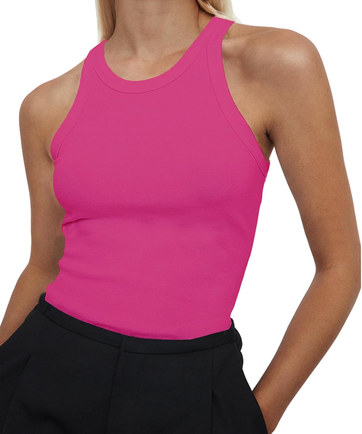 Artfish Women's Sleeveless Full Length Ribbed Fitted Racerback Workout Crew High...