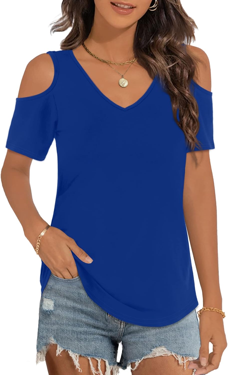 Elesomo Womens V Neck Cold Shoulder Tops Short/Long Sleeve Summer T Shirts Basic...